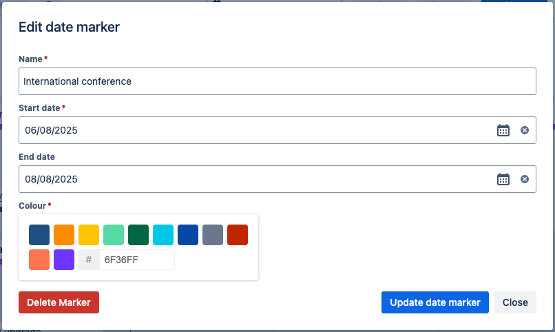 Dialog menu named Markers with fields completed but editable, and a red button labeled Delete Marker at the bottom