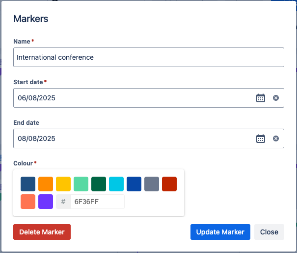 Dialog menu named Markers with fields completed but editable, and a red button labeled Delete Marker in the bottom left corner