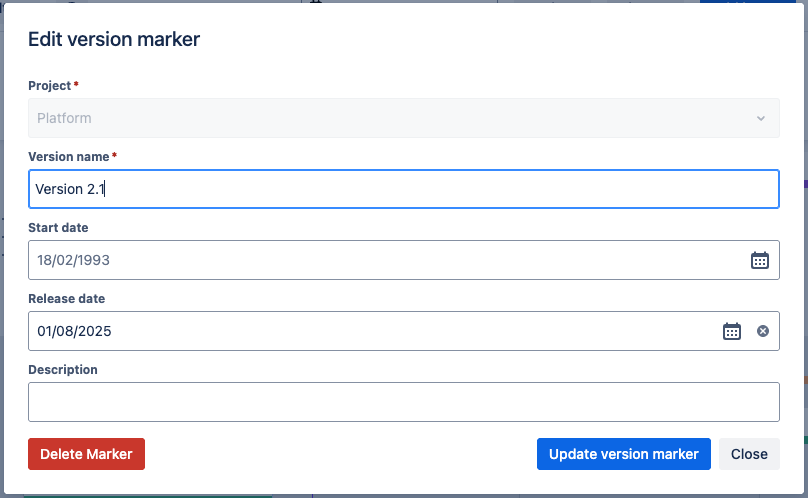 Edit version marker dialog showing the Project cannot be edited but the Version name, Start date, Release date and Description can be. The buttons at the bottom are Delete Marker, Update version marker and Close.