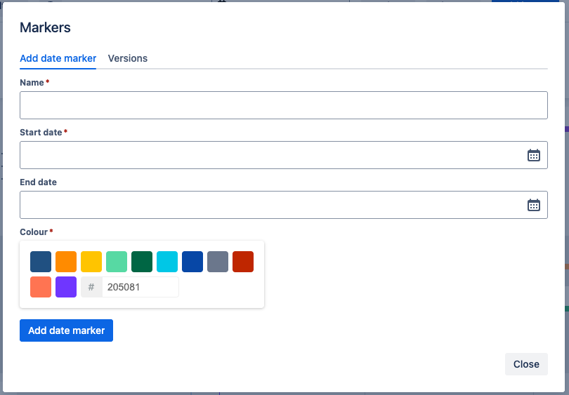 Dialog menu named Markers, with empty fields Name, Start date, End date, and Colour, and buttons Add Marker and Close at the bottom
