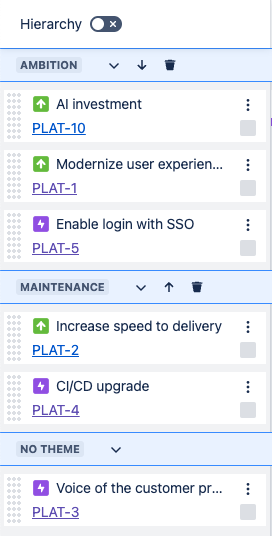 Issue panel showing issues split into themes Ambition, Maintenance and No theme