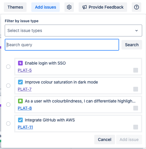 Add issues button blue and a menu showing beneath with options Filter by issue type, Search query, and 4 suggested issues