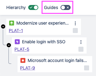 Issue panel with Guides toggle off and highlighted