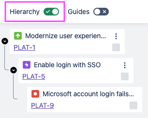 Issue panel with Hierarchy toggled on and highlighted, with 3 issues showing below in a hierarchy layout