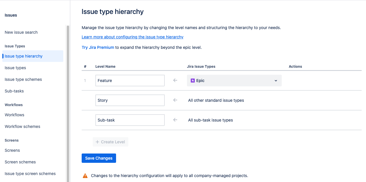 Jira Cloud Standard Issue type hierarchy configuration with only default levels