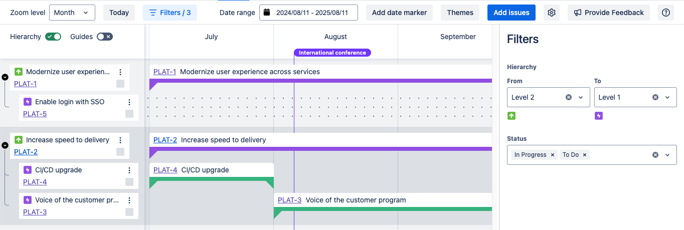 Full-page view of Roadmaps with a Filters menu open on the right-hand side and some filters selected
