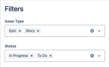 Filters menu with Issue type and Status options