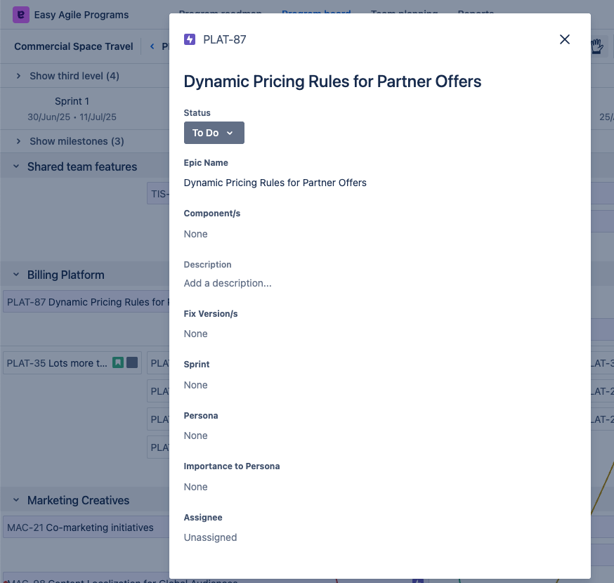 Easy Agile Programs in the background. In the foreground, a popup showing some fields of a Jira issue visible in the background, including the Summary, Status, and Assignee. 