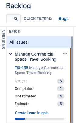 The same epic again as shown on the Backlog page in Jira. It shows the same brown line on the right-hand side, the same issue numbers, and at the bottom is the same 20 percent blue line. 