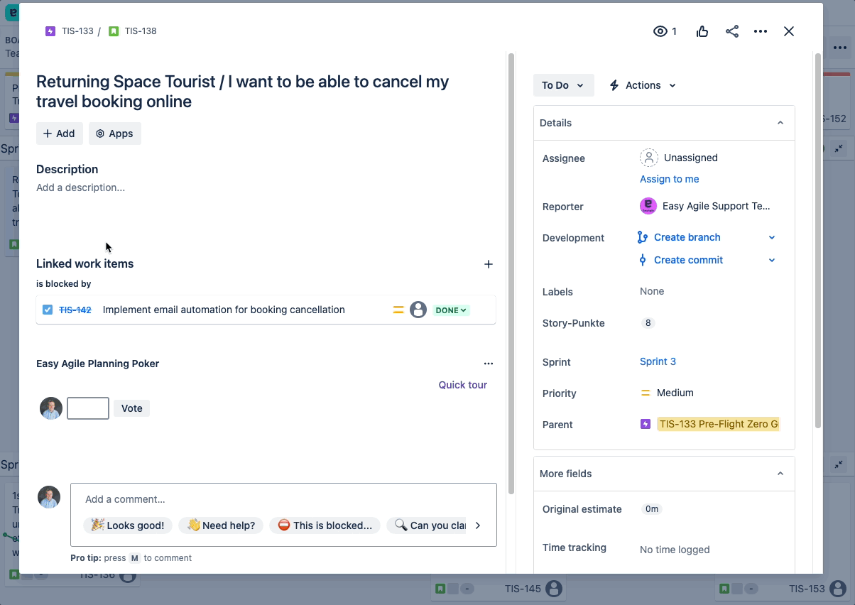 A GIF showing clicking on an issue key and then a large popup showing the Jira issue view