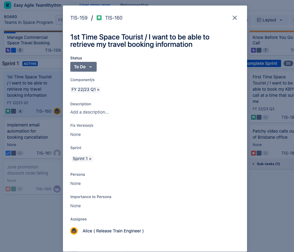 The User story map in the background. In the foreground, a popup showing some fields of a Jira issue visible in the background, including the Summary, Status, and Assignee. 