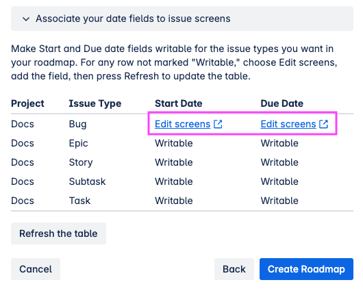 Create Roadmap fields to screens admin highlighted.png