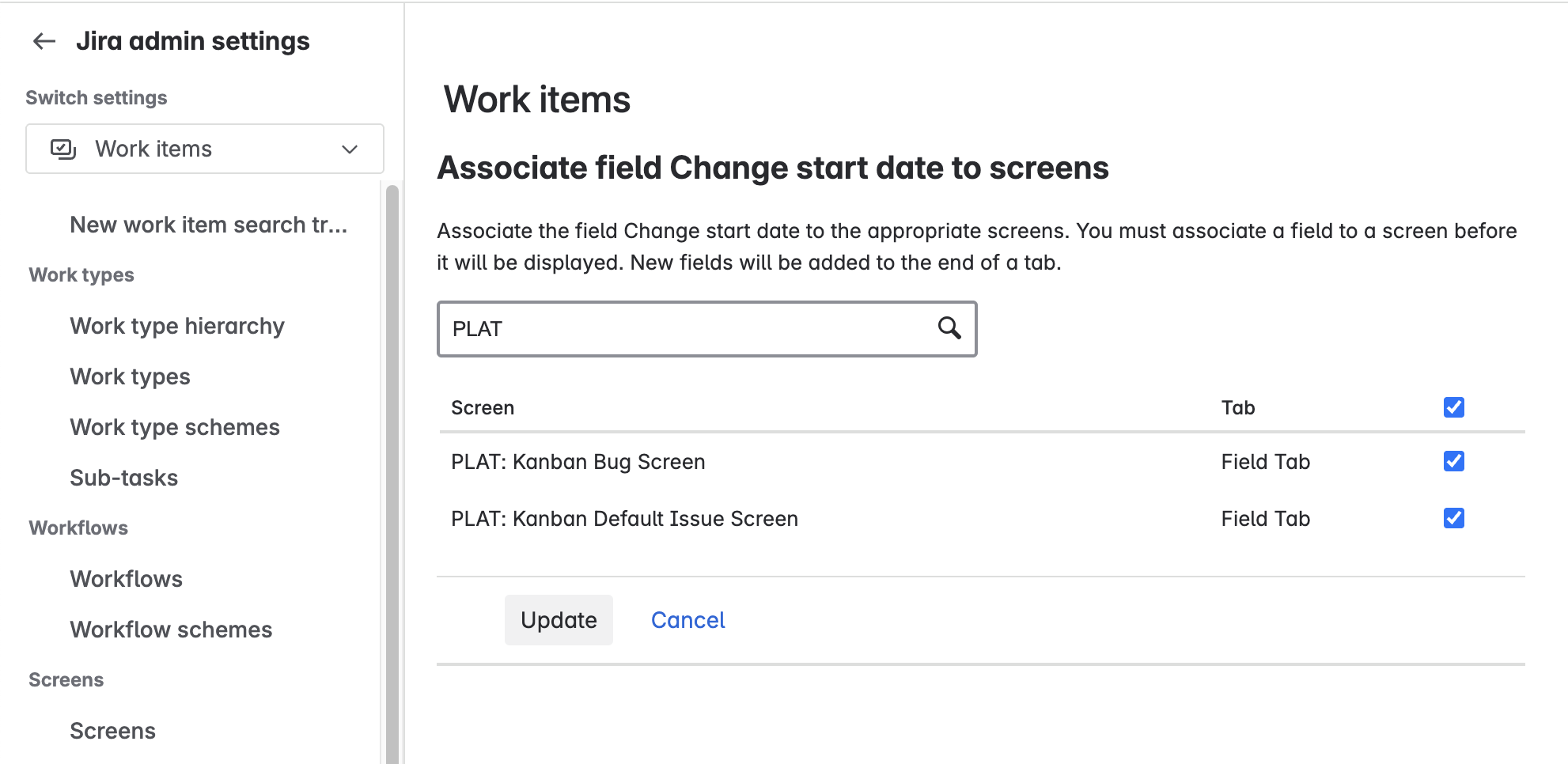 Jira Cloud Associate field Start date to screens search PLAT.png.png