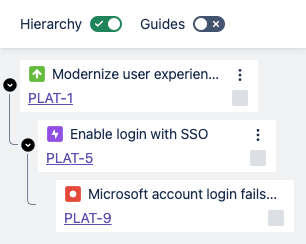 Issue panel showing Hierarchy toggle and guides toggle
