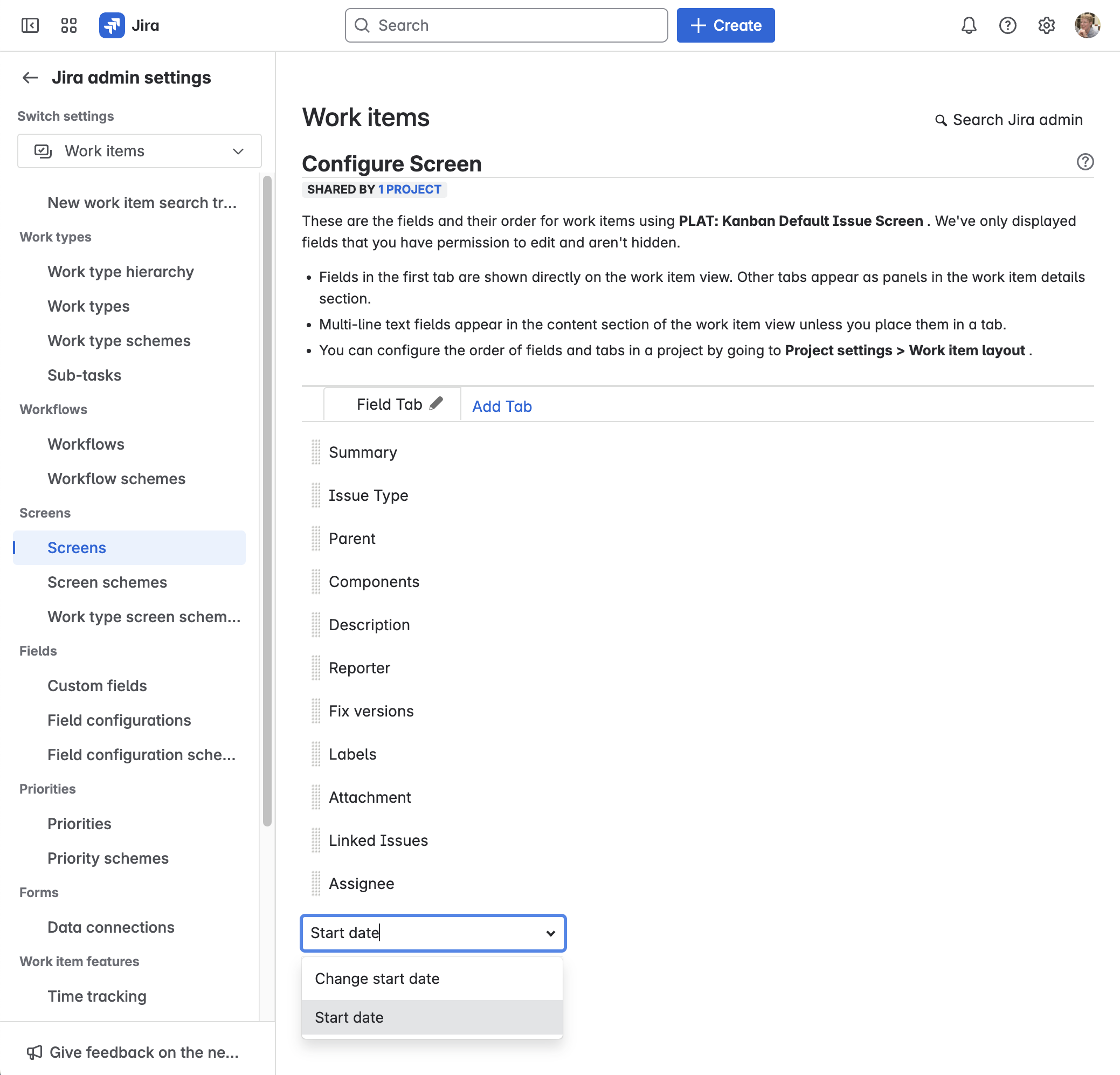Jira Cloud Screen config Add Start date field.png