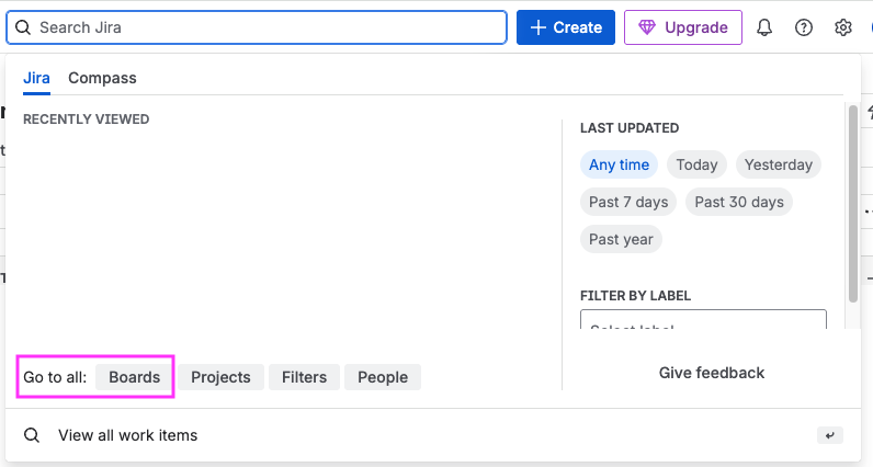 Jira Cloud view Search bar dropdown View all boards highlighted.png