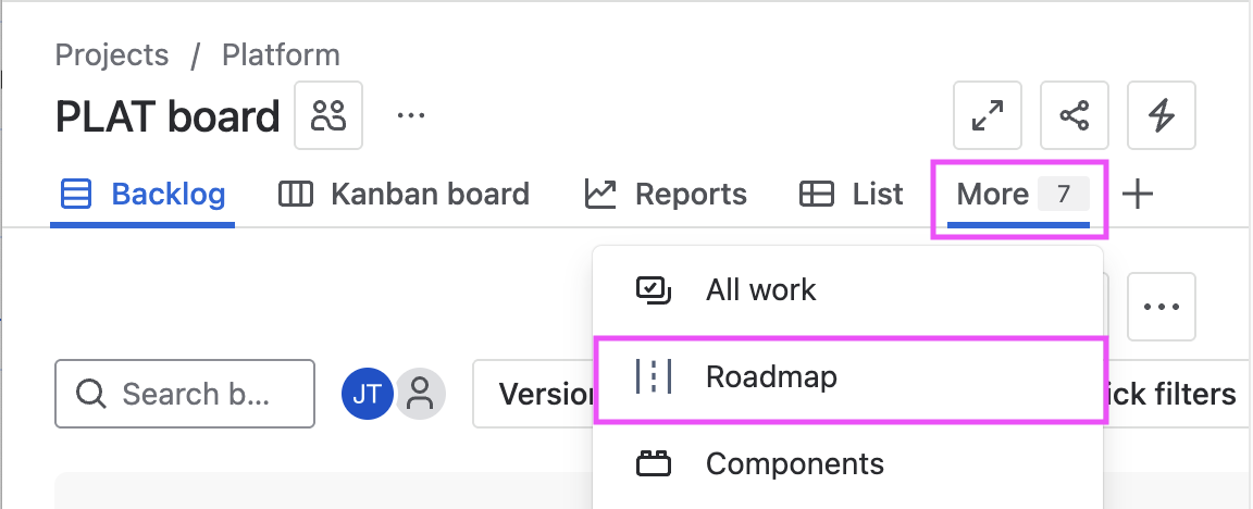 Jira Cloud project Roadmap page in More highlighted.png