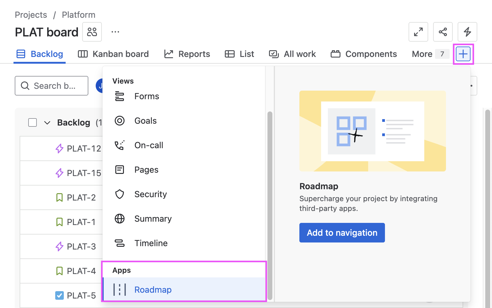 Jira Cloud project Roadmap page Add highlighted.png