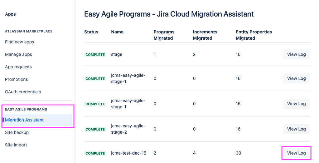 Programs Migration Assistant log page highlighted.png