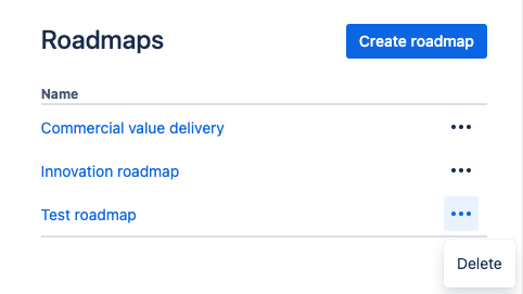 Roadmap list open, options menu open for a Test roadmap showing Delete button
