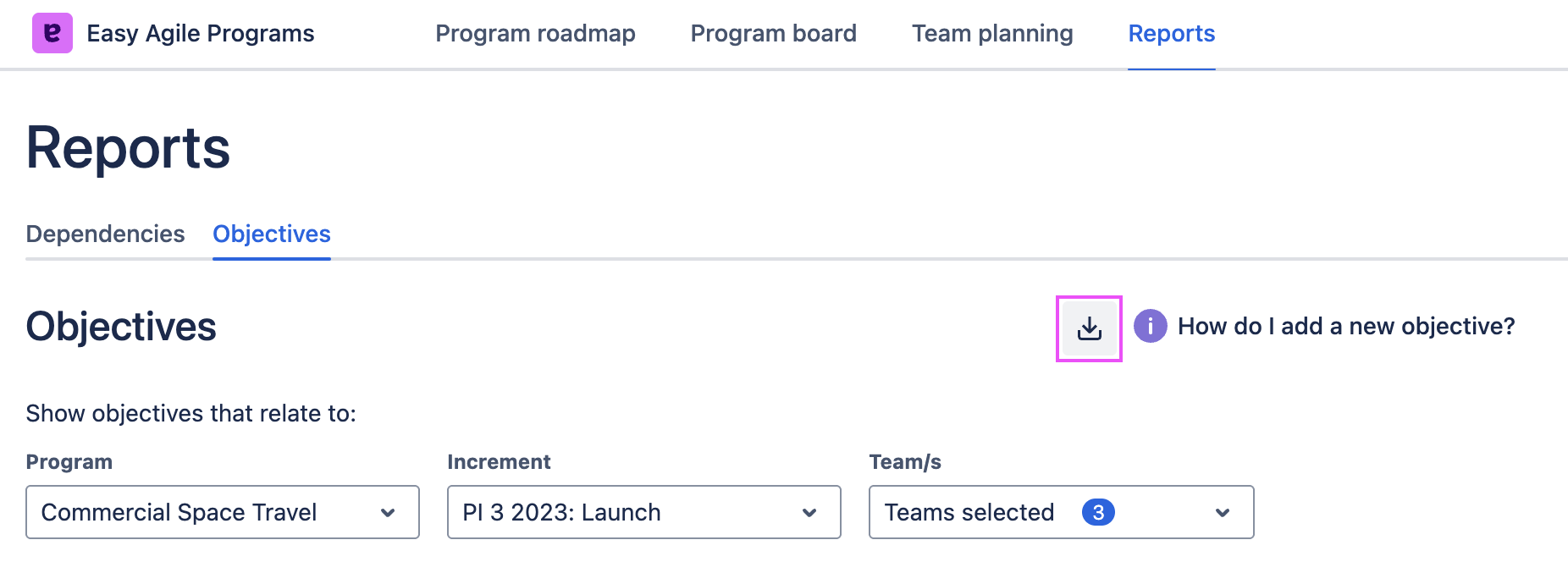 Objectives report with export button highlighted.png